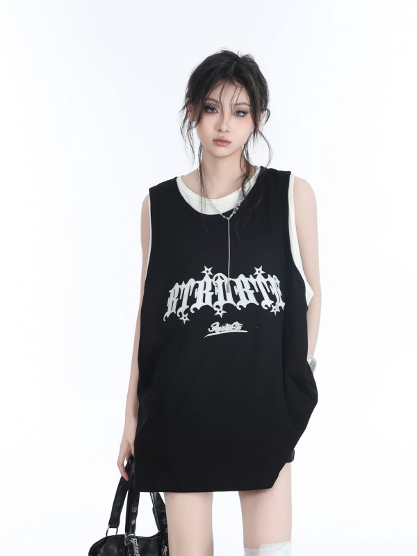 Summer Women's Loose Sports Sleeveless Top - Embroidered Fake Two-Piece Vest with Sit and Eat Until the Mountains Are Empty Design