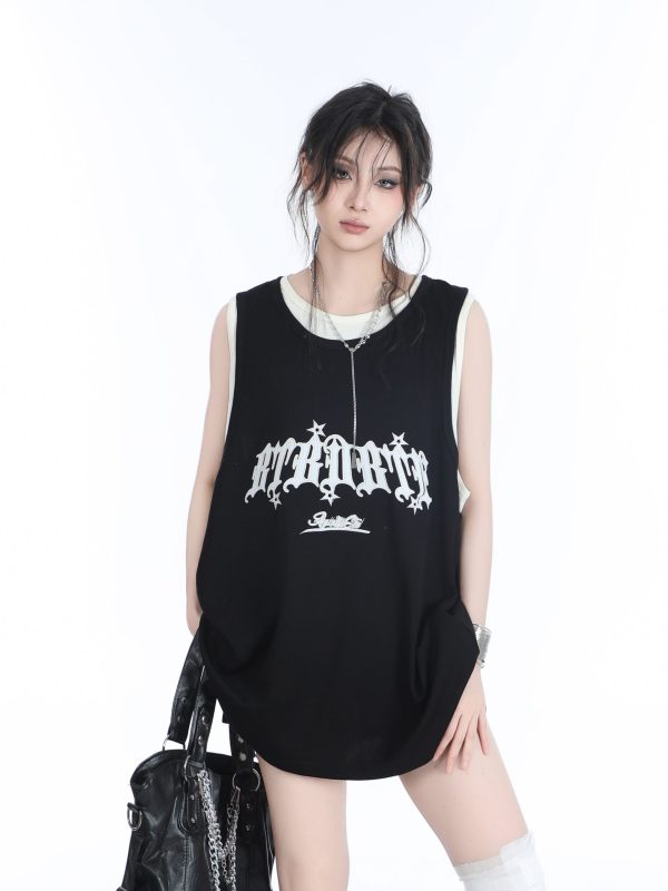 Summer Women's Loose Sports Sleeveless Top - Embroidered Fake Two-Piece Vest with Sit and Eat Until the Mountains Are Empty Design