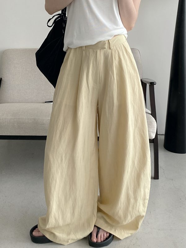 Summer Women's Slim Minimalist Wide-Leg Pants in Sun Grapefruit Linen Tencel - Thin Loose Fit for Effortless Style