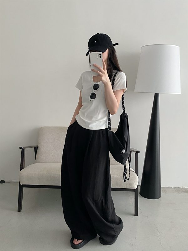 Summer Women's Slim Minimalist Wide-Leg Pants in Sun Grapefruit Linen Tencel - Thin Loose Fit for Effortless Style