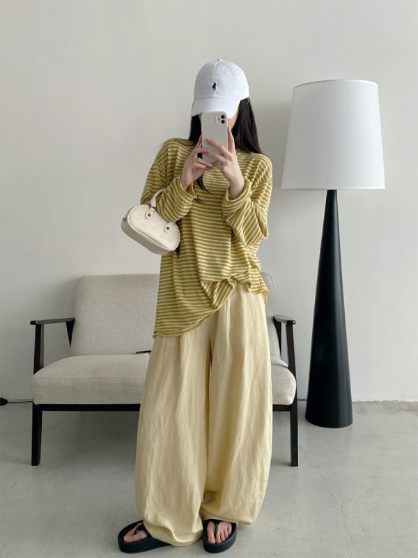 Summer Women's Slim Minimalist Wide-Leg Pants in Sun Grapefruit Linen Tencel - Thin Loose Fit for Effortless Style