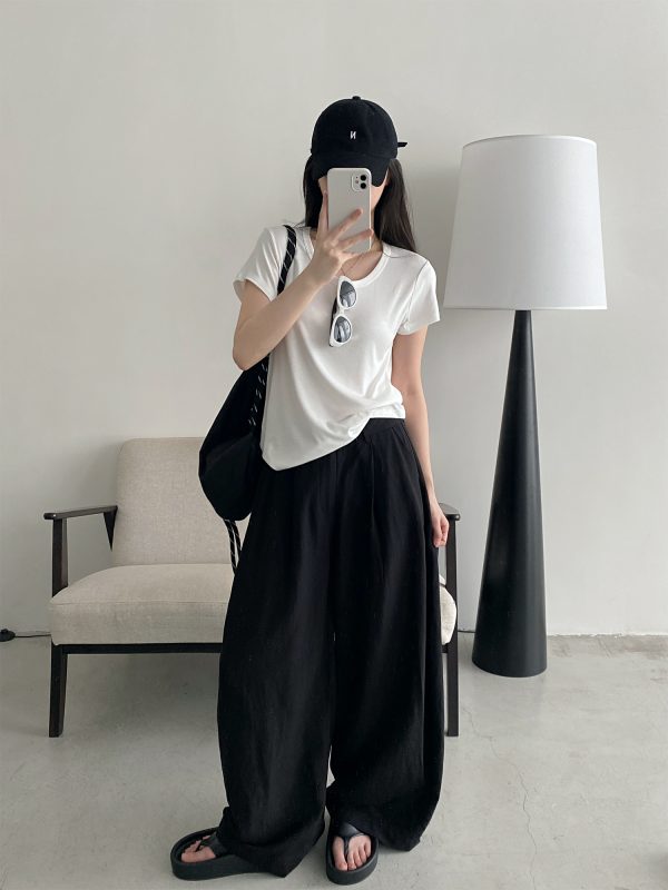 Summer Women's Slim Minimalist Wide-Leg Pants in Sun Grapefruit Linen Tencel - Thin Loose Fit for Effortless Style