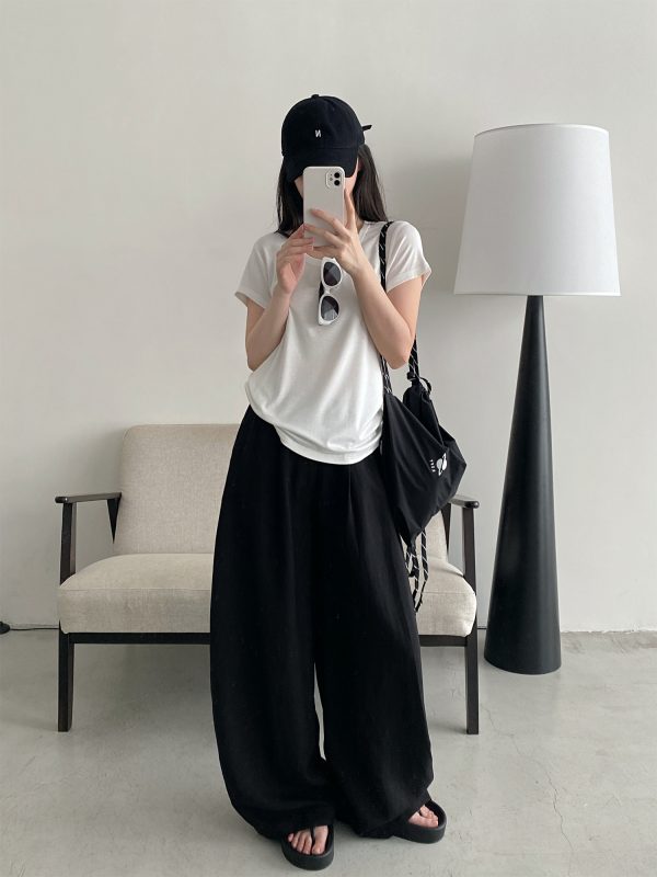 Summer Women's Slim Minimalist Wide-Leg Pants in Sun Grapefruit Linen Tencel - Thin Loose Fit for Effortless Style