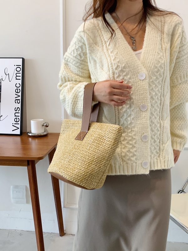 Summer Woven Straw Bucket Bag for Women - 2025 Stylish Beach Handbag, Vacation Essential, Small Tote for Girls