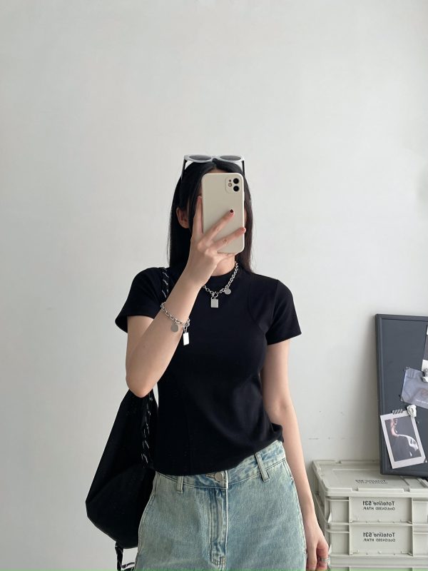 Sun Grapefruit Short-Sleeve T-Shirt for Women - Round Neck Slim-Fit Summer Top, Trendy Niche Shoulder Style