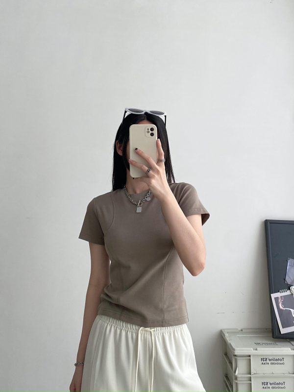 Sun Grapefruit Short-Sleeve T-Shirt for Women - Round Neck Slim-Fit Summer Top, Trendy Niche Shoulder Style