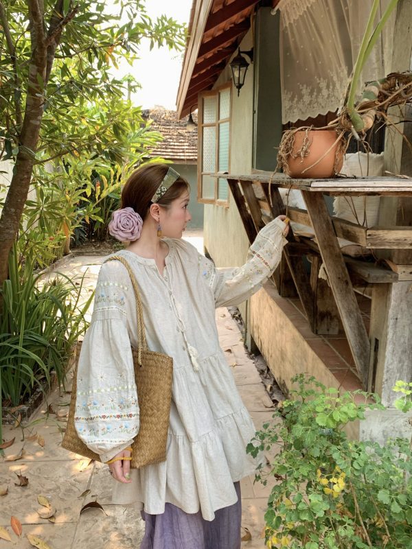 Sunny Brew Daisy Retro Linen Cotton Embroidered Long Sleeve Dress for Women - Spring Loose A-Line Maxi Dress, Vintage Style