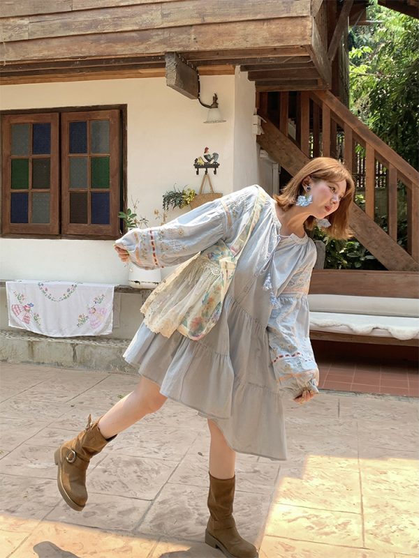 Sunny Brew Daisy Retro Linen Cotton Embroidered Long Sleeve Dress for Women - Spring Loose A-Line Maxi Dress, Vintage Style