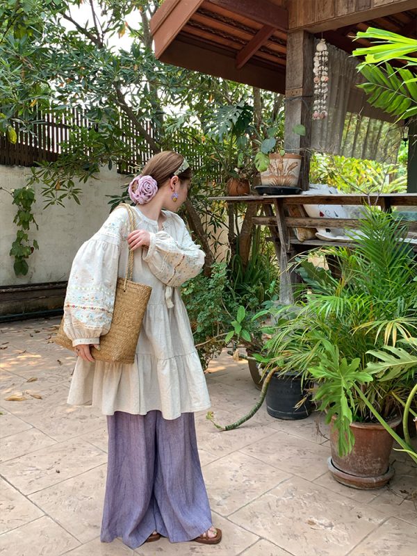 Sunny Brew Daisy Retro Linen Cotton Embroidered Long Sleeve Dress for Women - Spring Loose A-Line Maxi Dress, Vintage Style