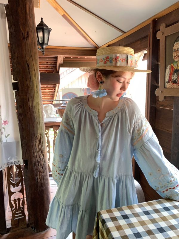 Sunny Brew Daisy Retro Linen Cotton Embroidered Long Sleeve Dress for Women - Spring Loose A-Line Maxi Dress, Vintage Style