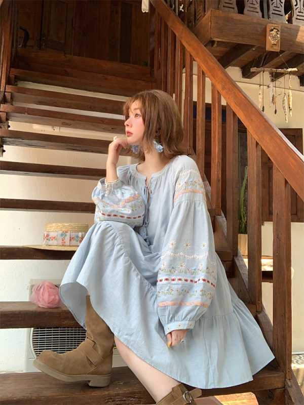 Sunny Brew Daisy Retro Linen Cotton Embroidered Long Sleeve Dress for Women - Spring Loose A-Line Maxi Dress, Vintage Style