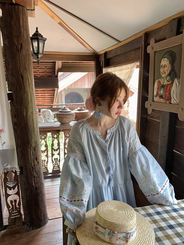 Sunny Brew Daisy Retro Linen Cotton Embroidered Long Sleeve Dress for Women - Spring Loose A-Line Maxi Dress, Vintage Style