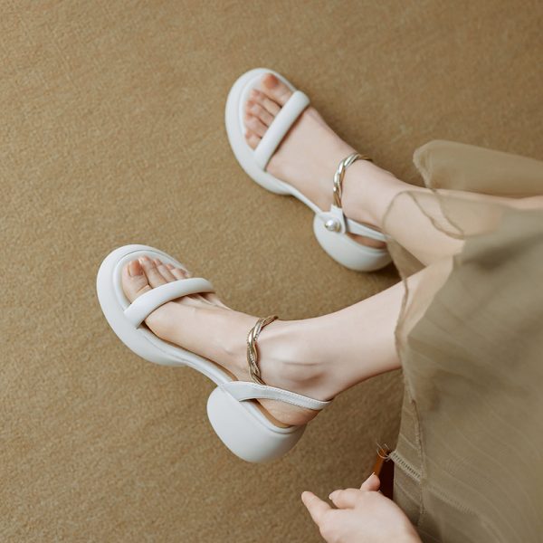 Super Slim Round Toe Pearl Open-Toe Sandals for Women - Summer 2025 Thick Sole One-Strap Footwear in Trendy Style