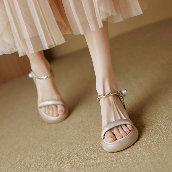 Super Slim Round Toe Pearl Open-Toe Sandals for Women - Summer 2025 Thick Sole One-Strap Footwear in Trendy Style