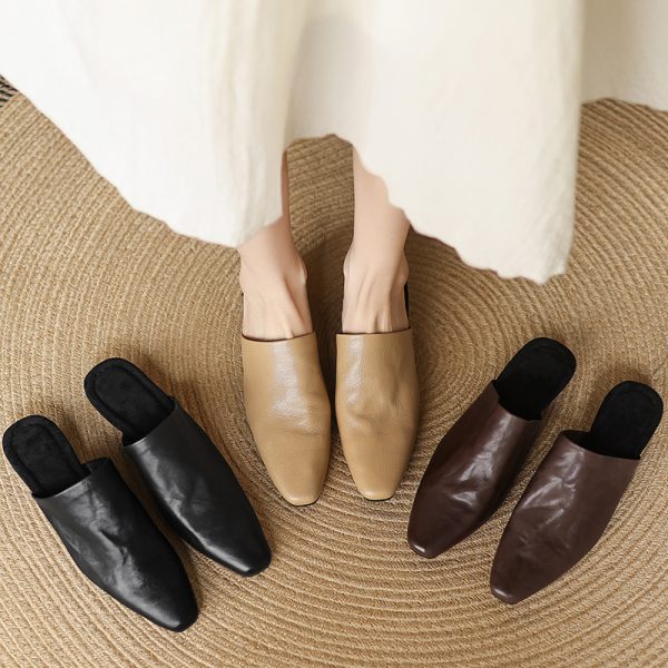 Super Soft Genuine Leather Open-Toe Half Slippers for Women - European & American Ins Fashion, Outdoor Comfort, Casual Style