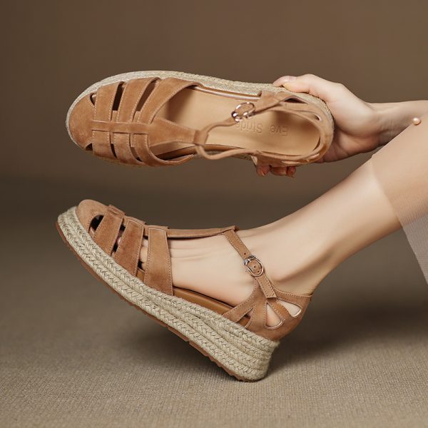 Sweet Academy Style Hollow Out Genuine Leather Platform Wedge Espadrille Sandals for Women - Casual Thick-Soled Y2K Fashion