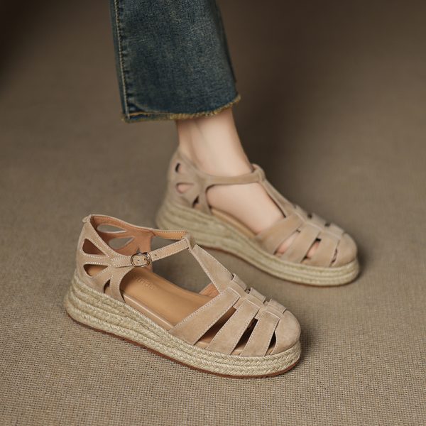 Sweet Academy Style Hollow Out Genuine Leather Platform Wedge Espadrille Sandals for Women - Casual Thick-Soled Y2K Fashion