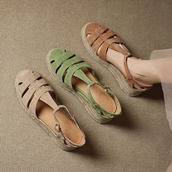 Sweet Academy Style Hollow Out Genuine Leather Platform Wedge Espadrille Sandals for Women - Casual Thick-Soled Y2K Fashion