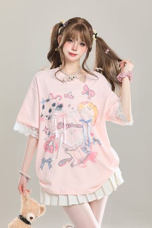 Sweet Bow Print Short Sleeve T-Shirt for Women - Summer 2025 Niche Style, Age-Reducing, Cute and Trendy Fashion Top