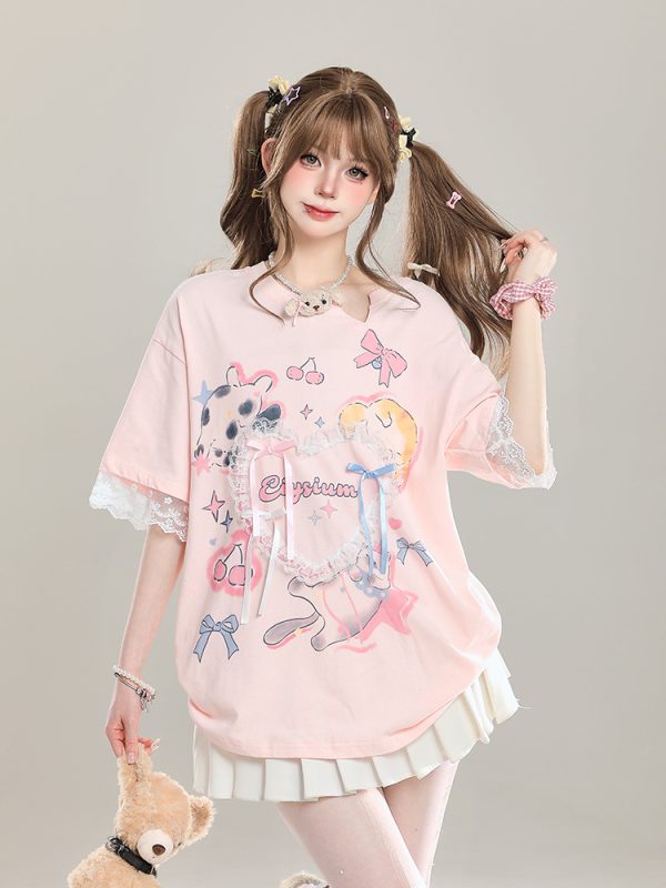 Sweet Bow Print Short Sleeve T-Shirt for Women - Summer 2025 Niche Style, Age-Reducing, Cute and Trendy Fashion Top