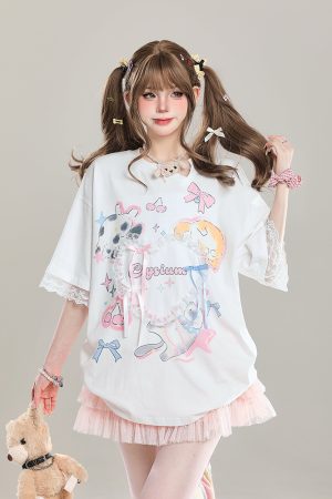 Sweet Bow Print Short Sleeve T-Shirt for Women - Summer 2025 Niche Style, Age-Reducing, Cute and Trendy Fashion Top