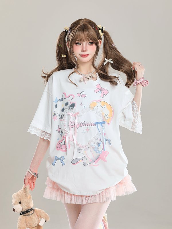 Sweet Bow Print Short Sleeve T-Shirt for Women - Summer 2025 Niche Style, Age-Reducing, Cute and Trendy Fashion Top