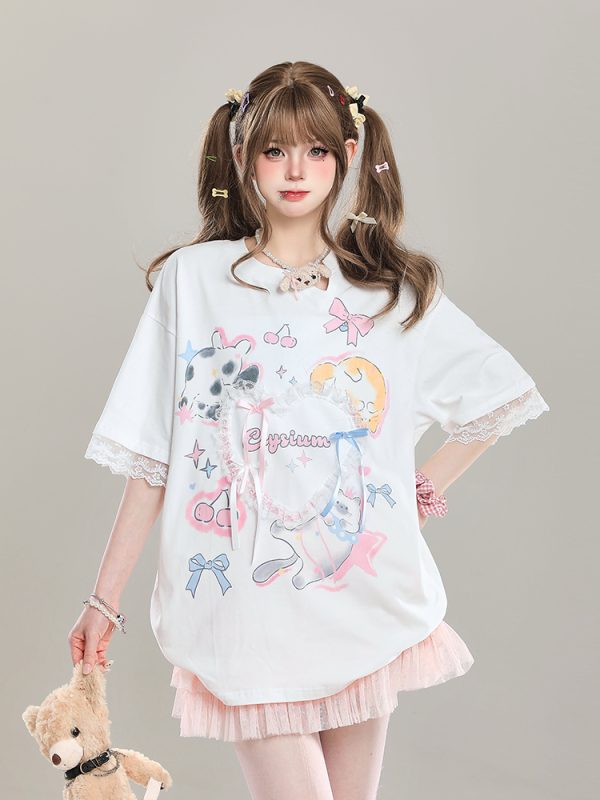Sweet Bow Print Short Sleeve T-Shirt for Women - Summer 2025 Niche Style, Age-Reducing, Cute and Trendy Fashion Top