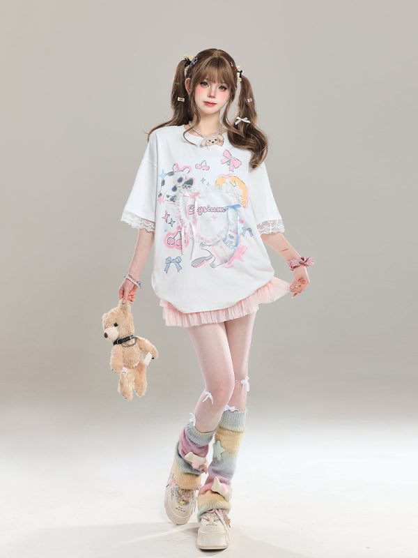 Sweet Bow Print Short Sleeve T-Shirt for Women - Summer 2025 Niche Style, Age-Reducing, Cute and Trendy Fashion Top