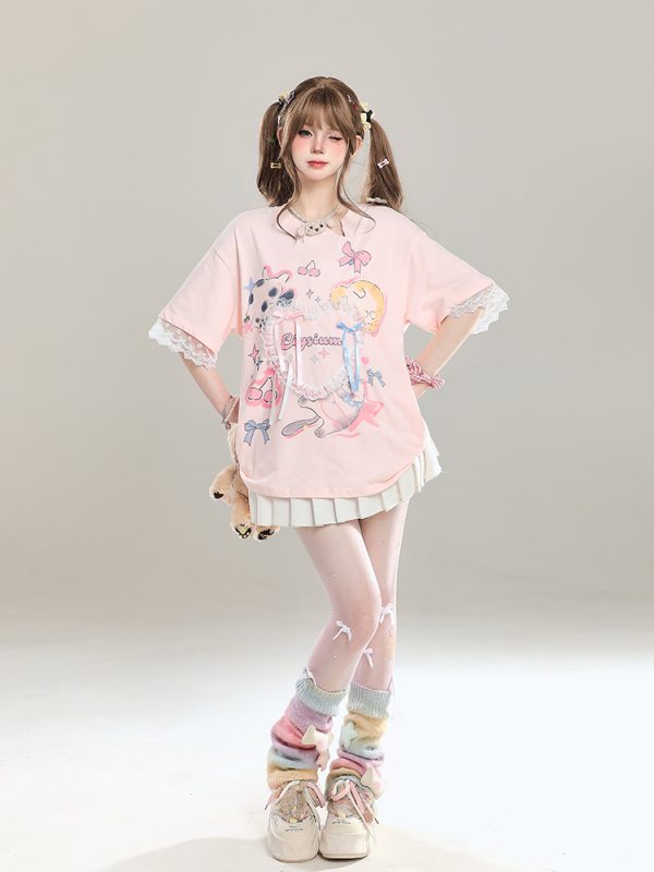 Sweet Bow Print Short Sleeve T-Shirt for Women - Summer 2025 Niche Style, Age-Reducing, Cute and Trendy Fashion Top