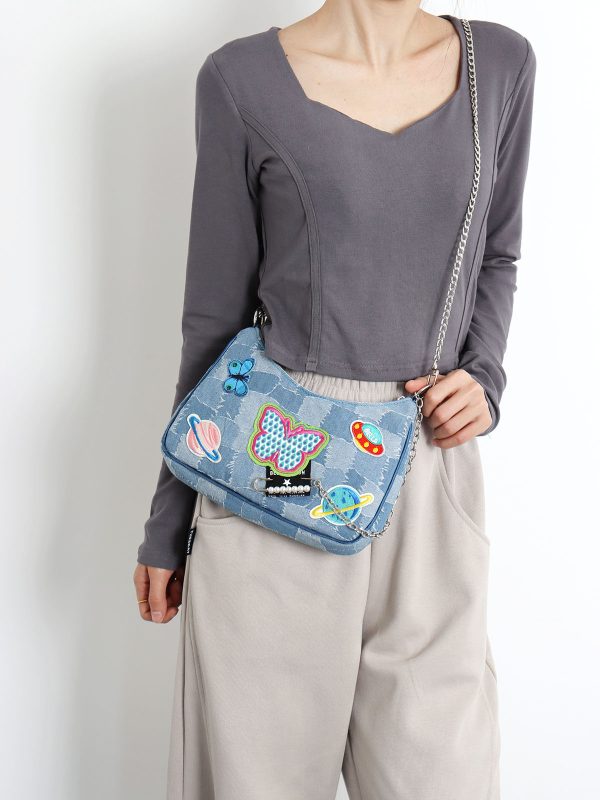 Sweet Cool Cowboy Underarm Bag Women's Y2K Embroidered Chain Crossbody Bag - Trendy Millennium Hot Girl Style