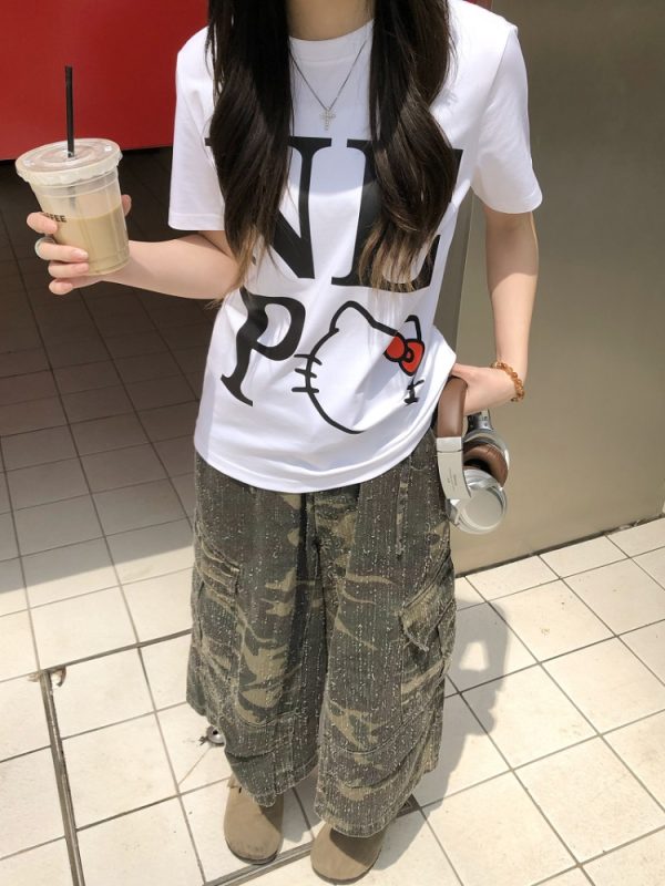 Sweet Cool Kitty Cartoon Print Short Sleeve T-Shirt for Women - Summer 2025 Slim Fit Casual Top, Cute Y2K Style