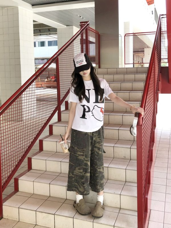 Sweet Cool Kitty Cartoon Print Short Sleeve T-Shirt for Women - Summer 2025 Slim Fit Casual Top, Cute Y2K Style
