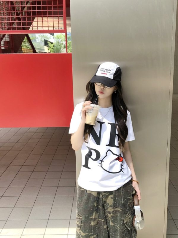Sweet Cool Kitty Cartoon Print Short Sleeve T-Shirt for Women - Summer 2025 Slim Fit Casual Top, Cute Y2K Style