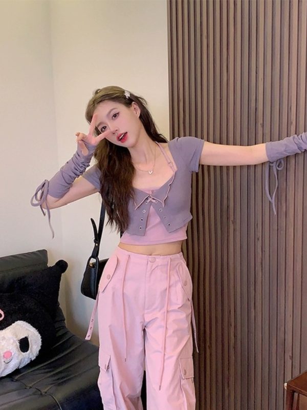 Sweet Cool Spicy Girl Halter Neck Short Sleeve Cardigan and Crop Top Two-Piece Set - Unique Korean Style Women's Fashion