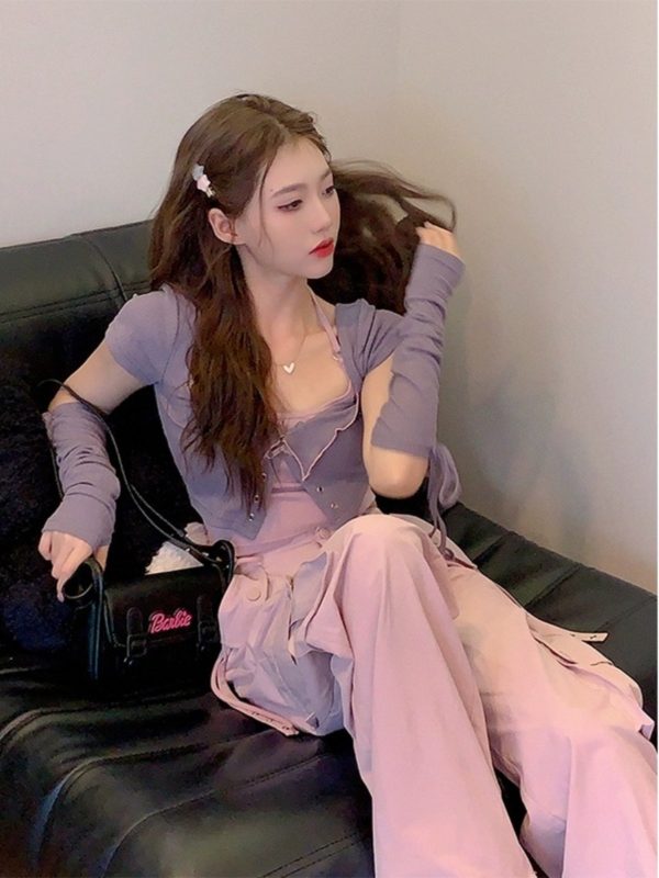 Sweet Cool Spicy Girl Halter Neck Short Sleeve Cardigan and Crop Top Two-Piece Set - Unique Korean Style Women's Fashion