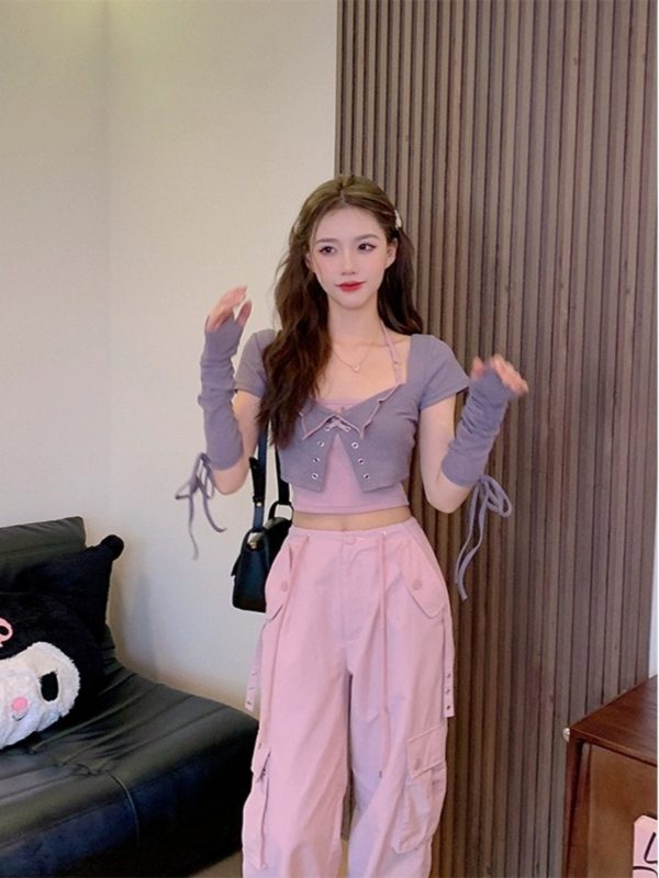 Sweet Cool Spicy Girl Halter Neck Short Sleeve Cardigan and Crop Top Two-Piece Set - Unique Korean Style Women's Fashion