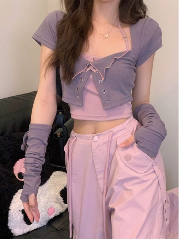 Sweet Cool Spicy Girl Halter Neck Short Sleeve Cardigan and Crop Top Two-Piece Set - Unique Korean Style Women's Fashion