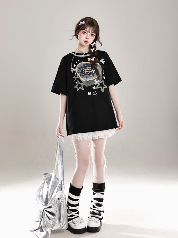 Sweet Floral Lace Print Short-Sleeve T-Shirt for Women, Slim Fit Summer 2025 Cute Half-Sleeve Top, Perfect for Y2K Style