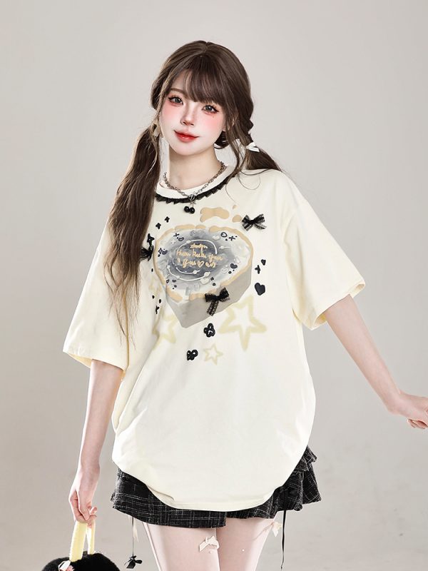 Sweet Floral Lace Print Short-Sleeve T-Shirt for Women, Slim Fit Summer 2025 Cute Half-Sleeve Top, Perfect for Y2K Style