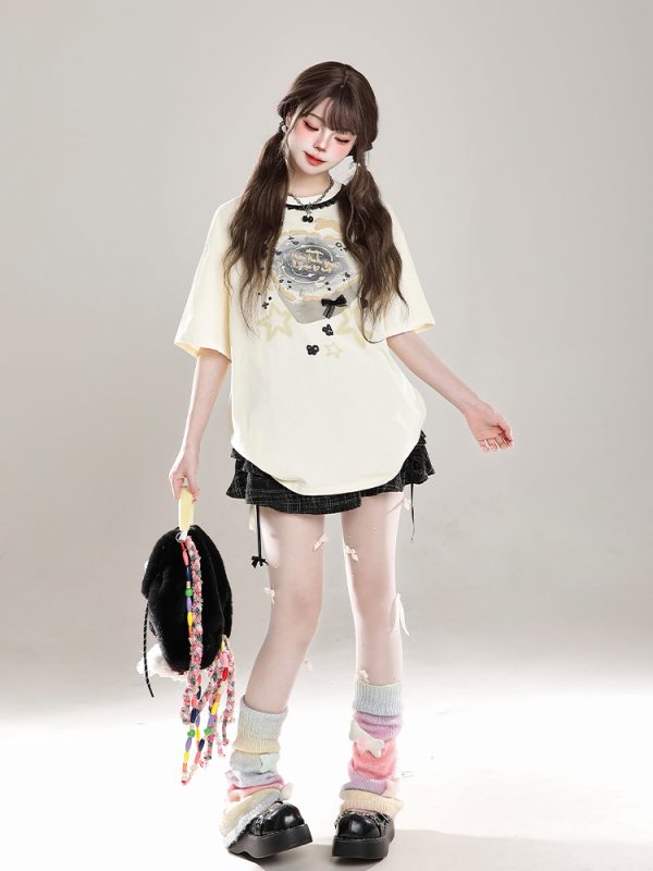 Sweet Floral Lace Print Short-Sleeve T-Shirt for Women, Slim Fit Summer 2025 Cute Half-Sleeve Top, Perfect for Y2K Style