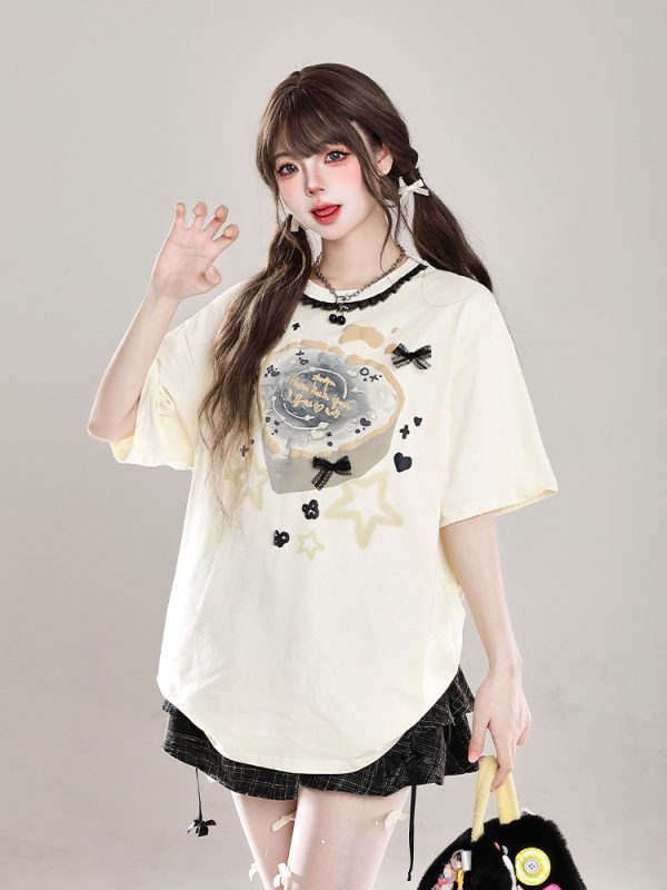 Sweet Floral Lace Print Short-Sleeve T-Shirt for Women, Slim Fit Summer 2025 Cute Half-Sleeve Top, Perfect for Y2K Style