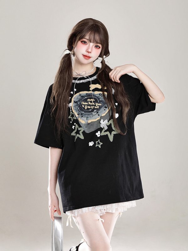 Sweet Floral Lace Print Short-Sleeve T-Shirt for Women, Slim Fit Summer 2025 Cute Half-Sleeve Top, Perfect for Y2K Style