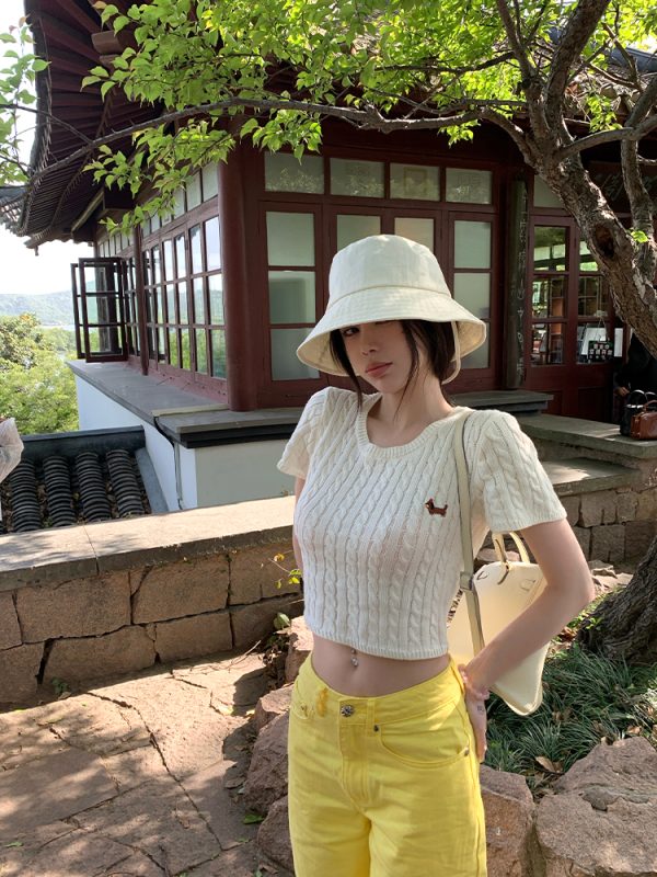 Sweet Orange Soda Short Sleeve Knitted Top - Women's Summer Round Neck T-Shirt, Regular Shoulder, Dopamine Style, Casual Fashion