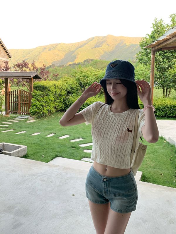 Sweet Orange Soda Short Sleeve Knitted Top - Women's Summer Round Neck T-Shirt, Regular Shoulder, Dopamine Style, Casual Fashion