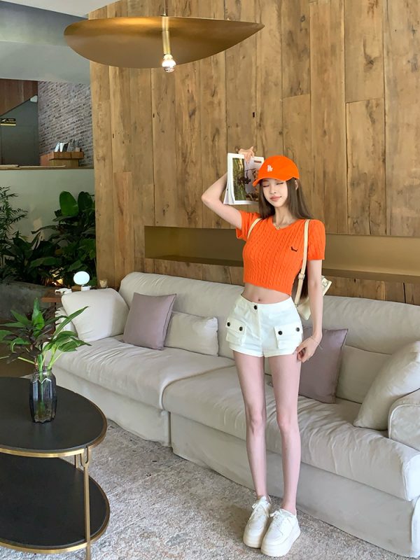 Sweet Orange Soda Short Sleeve Knitted Top - Women's Summer Round Neck T-Shirt, Regular Shoulder, Dopamine Style, Casual Fashion