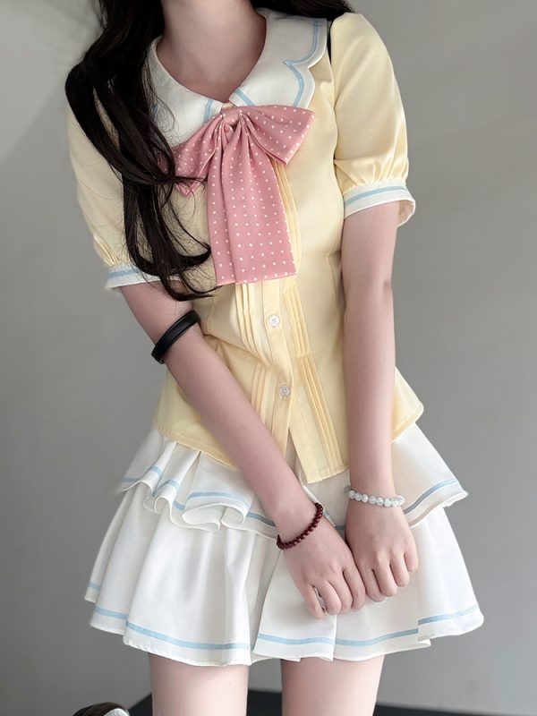 Sweet Style Short Sleeve Sailor Suit Set with Cake Skirt - 2025 Summer Pudding Bear JK Uniform Fashion for Y2K & Korean Style Lovers