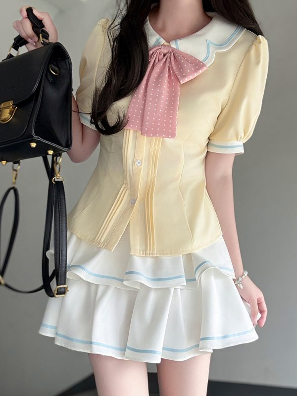 Sweet Style Short Sleeve Sailor Suit Set with Cake Skirt - 2025 Summer Pudding Bear JK Uniform Fashion for Y2K & Korean Style Lovers