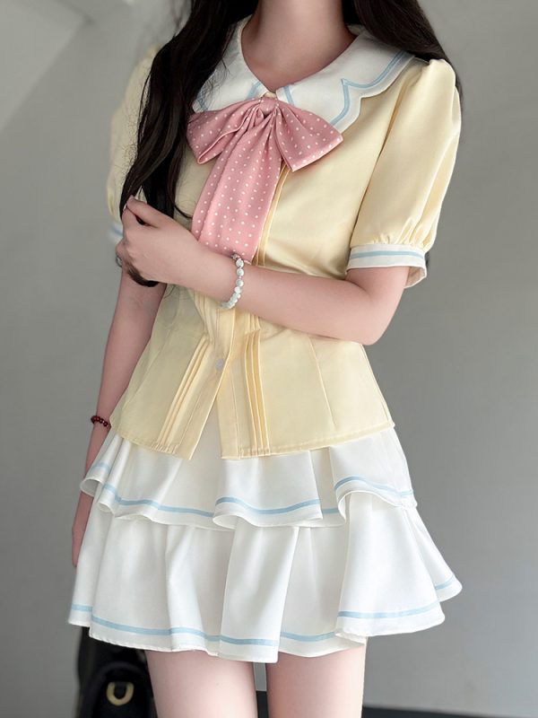 Sweet Style Short Sleeve Sailor Suit Set with Cake Skirt - 2025 Summer Pudding Bear JK Uniform Fashion for Y2K & Korean Style Lovers