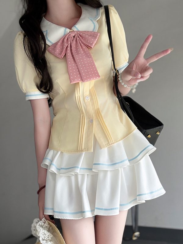 Sweet Style Short Sleeve Sailor Suit Set with Cake Skirt - 2025 Summer Pudding Bear JK Uniform Fashion for Y2K & Korean Style Lovers