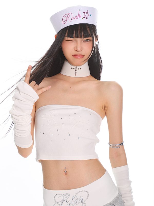 Sweet Style Strapless Crop Top and Sleeve Set with Bowknot, Pearl, and Rhinestone Details â€“ Perfect for Early Autumn Fashion
